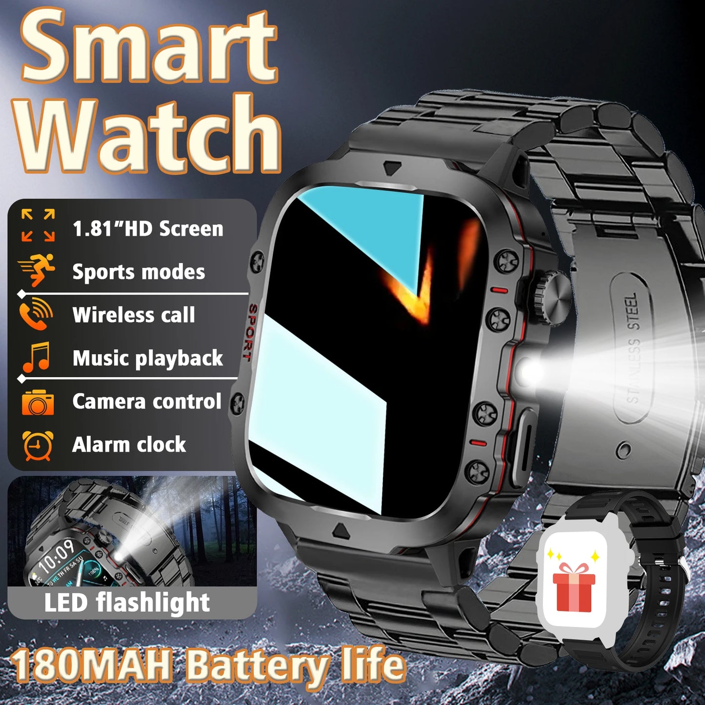 Outdoor Men'S Smart Watch, HD Full Touch Screen Display Wireless Call/Answer Phone Watch,LED Lighting,Multiple Sports Modes ,Outdoor Information Reminder ,Weather Display ,Music Control, Suitable for Iphone & Android,Perfect