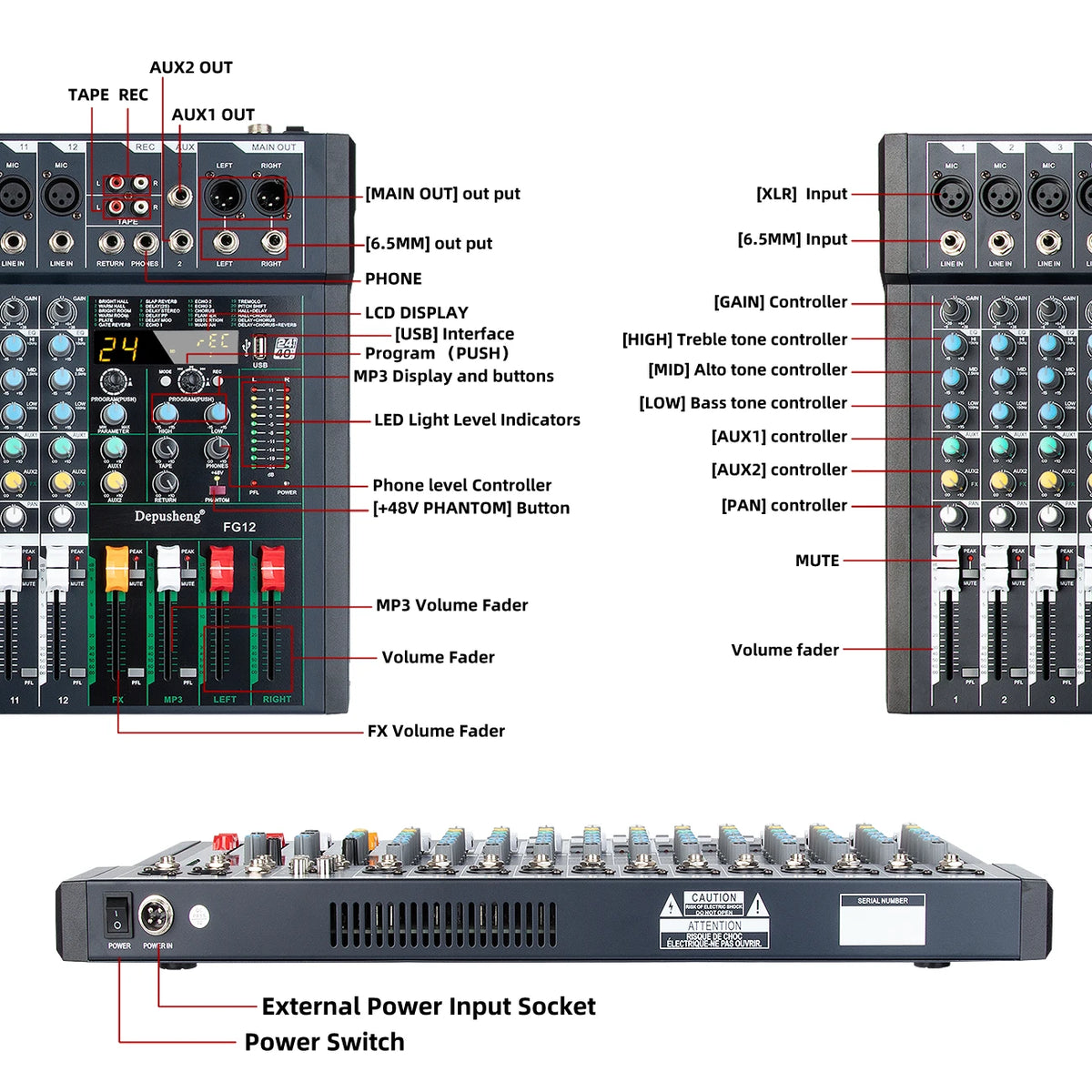 Audio Mixer Console 8/12 Channel DJ, Music Karaoke Professional Audio Mixer Stereo