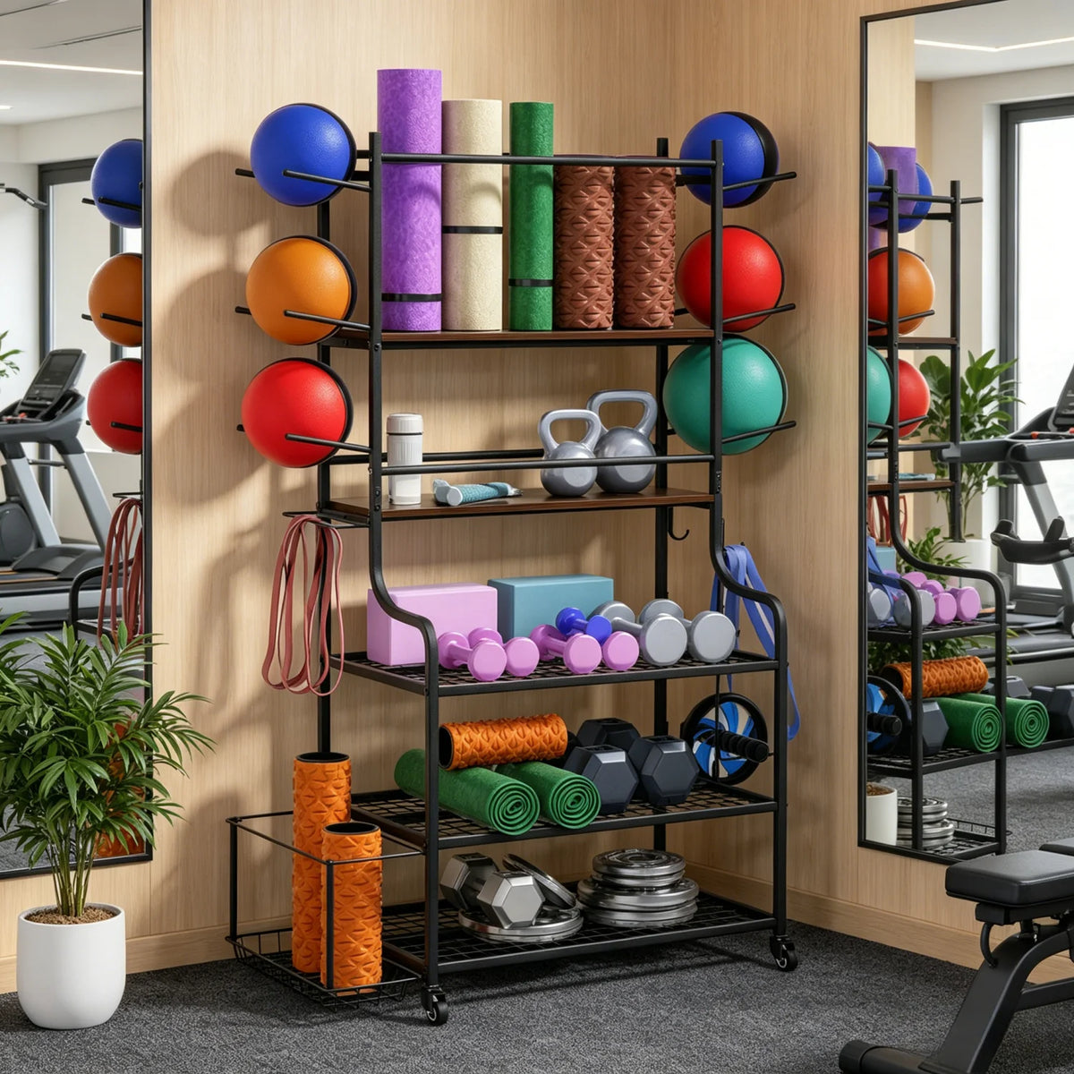 Yoga Mat Storage Rack With Wheels for Home Gym Organization