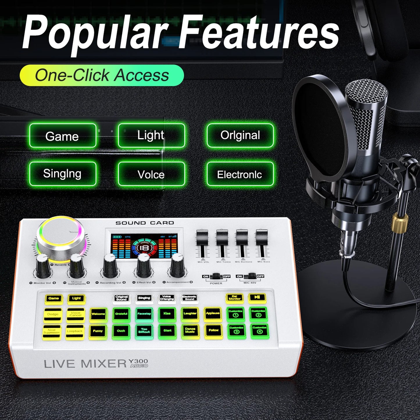 Tenlamp Professional Live Sound Card Audio Mixer Full Set , Podcast Equipment Bundle Kit for 4 People Sound Board Bluetooth  with 3.5mm Condenser Microphone(Y300-P15B) for Pc/Phone For Gaming,Streaming,Singing