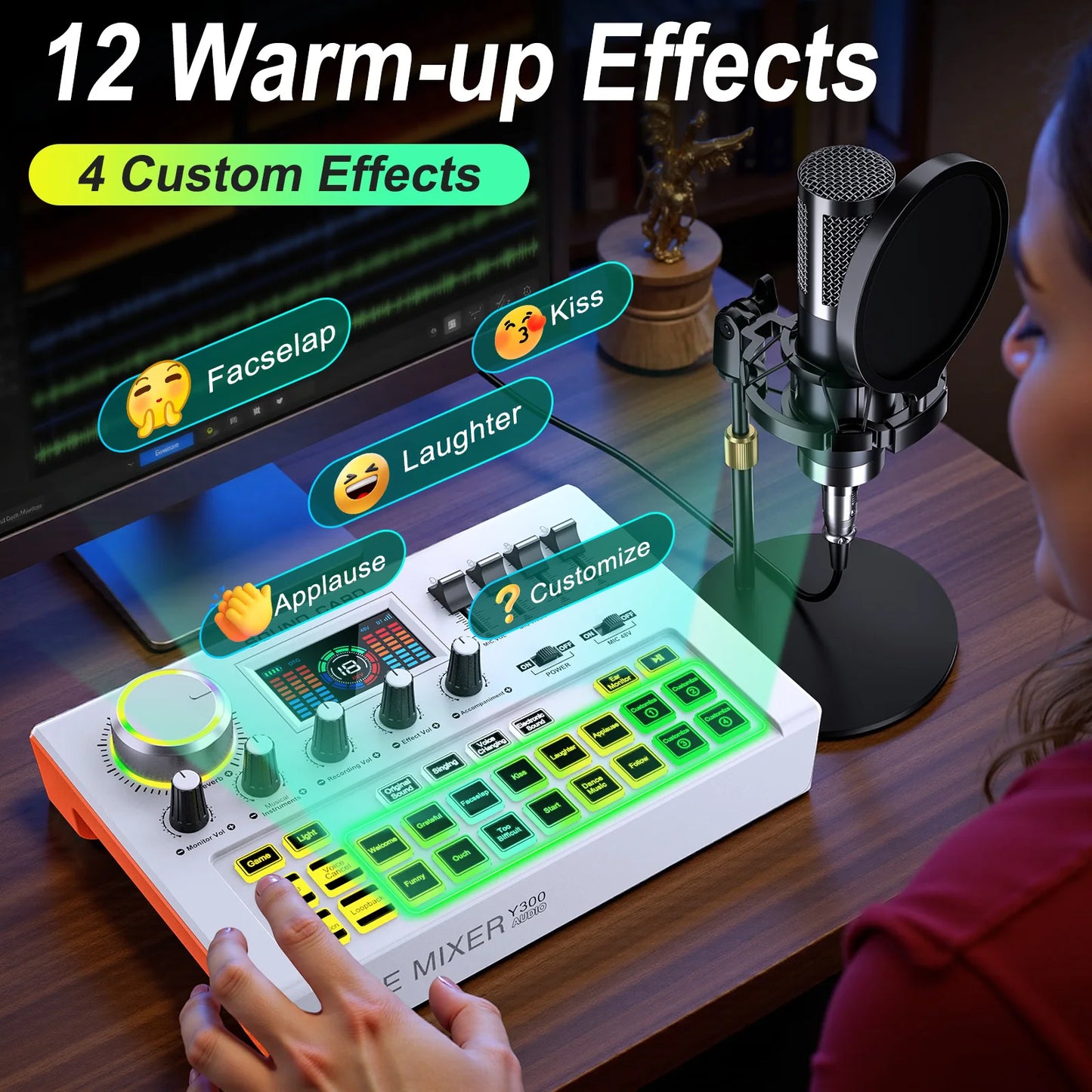 Tenlamp Professional Live Sound Card Audio Mixer Full Set , Podcast Equipment Bundle Kit for 4 People Sound Board Bluetooth  with 3.5mm Condenser Microphone(Y300-P15B) for Pc/Phone For Gaming,Streaming,Singing