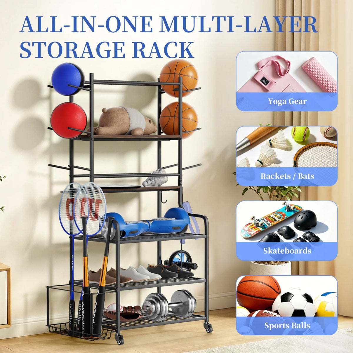 Yoga Mat Storage Rack With Wheels for Home Gym Organization