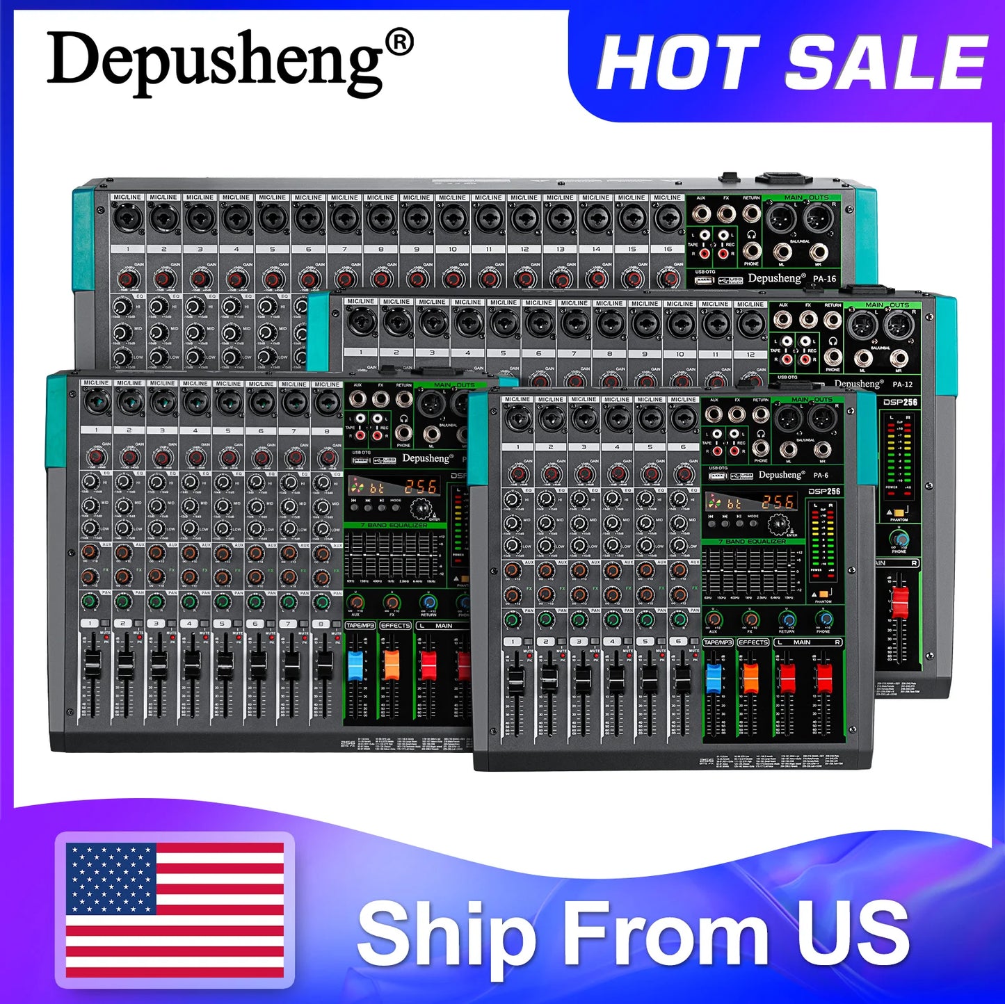 6/8/12/16 Channels Audio Sound Mixer Depusheng Mixing DJ Console USB 48V Phantom Power 256 DSP Effects Sound Table for Stage