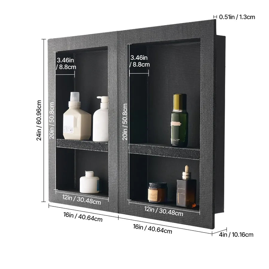 Recessed Wall Niche Set 16 x 24 inch + 16 x 24 inch with Adjustable Shelf 4-inch Thick Storage Organizer for Soap and Shampoo S