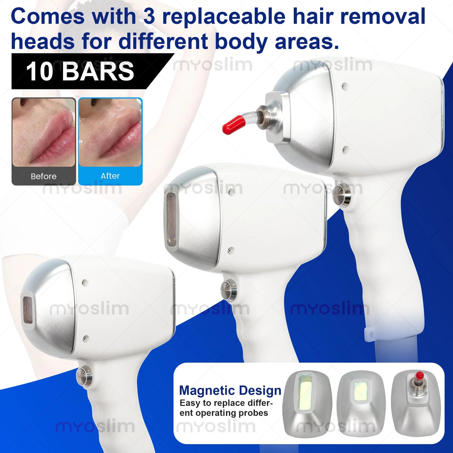 Portable FAC 10Bars 755 808 940 1064nm Diode Hair Removal Machine 60M Shots Ice Cooling Magnetic 3Tips Salon Epilator