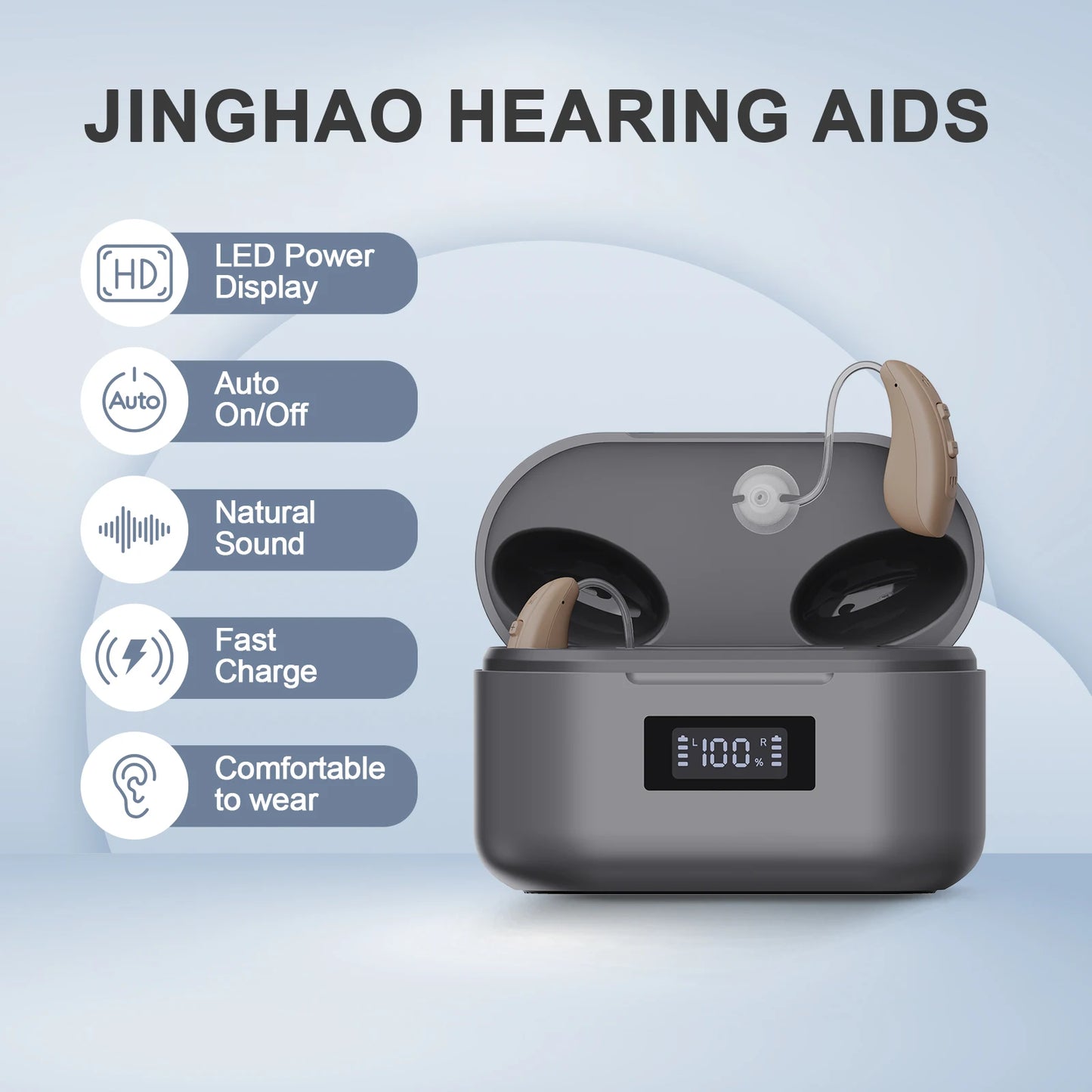 JINGHAO 1 Pair Hearing Aid Rechargable LED Display Sound Amplifier Auto On/off 20H Working Time With Charger Box