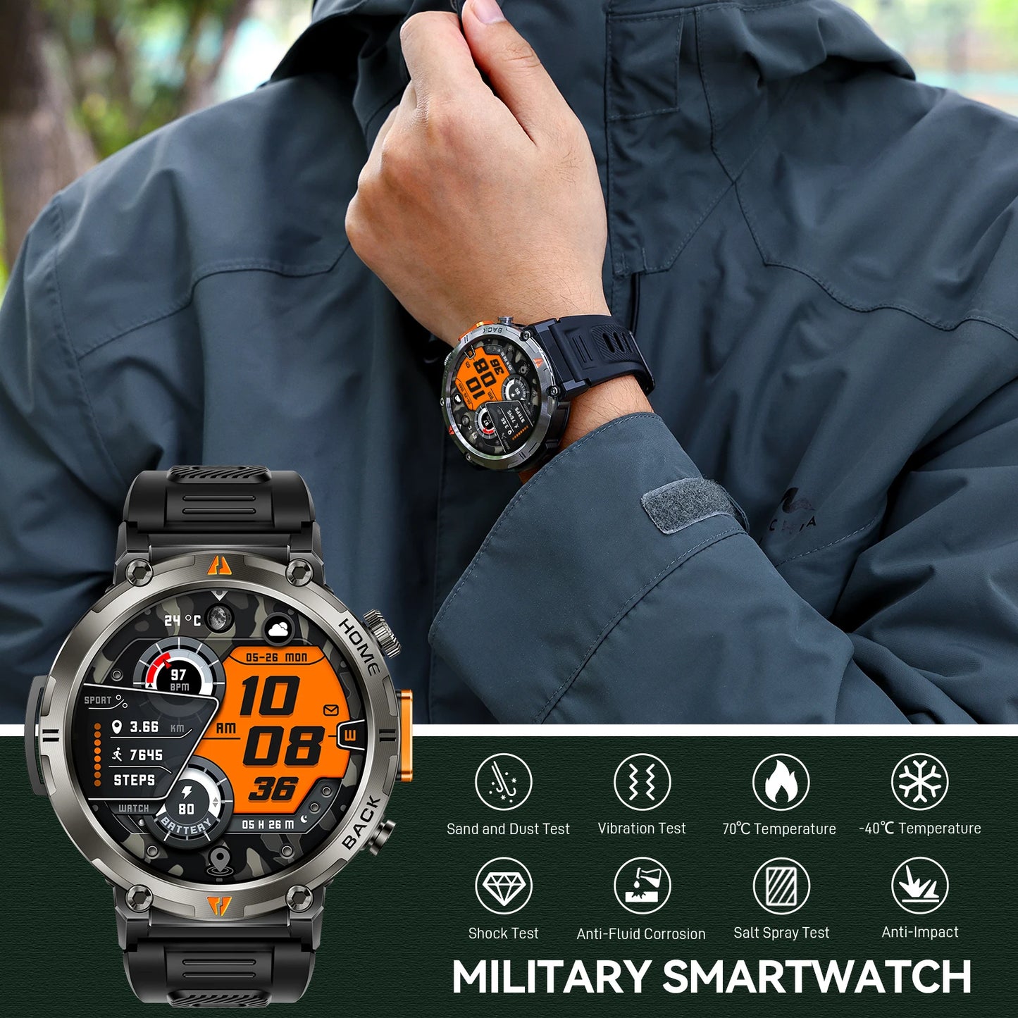 EIGIIS KE3 Bluetooth Call Smartwatch For Men With Health Monitor Flashlight