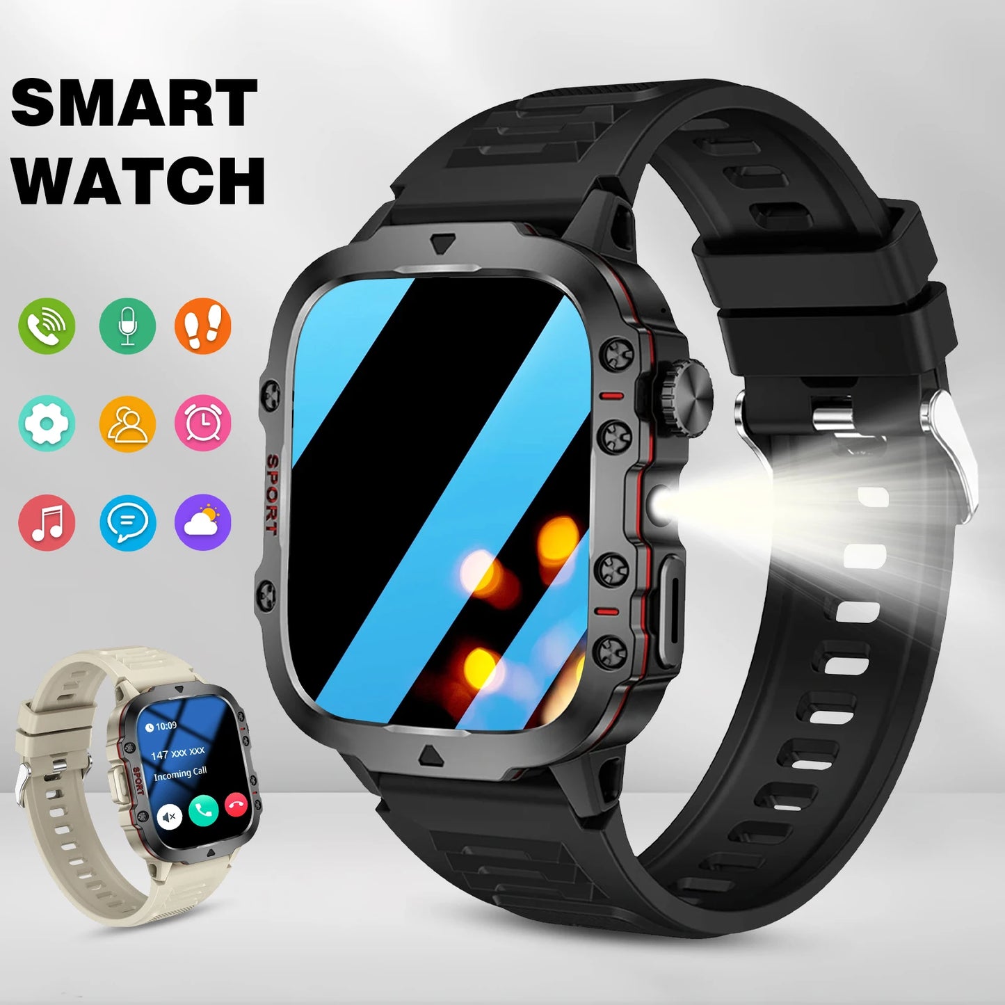 Smartwatch Men Flashlight Waterproof Outdoor Sport Tracker HD Bluetooth Call Smart Watch