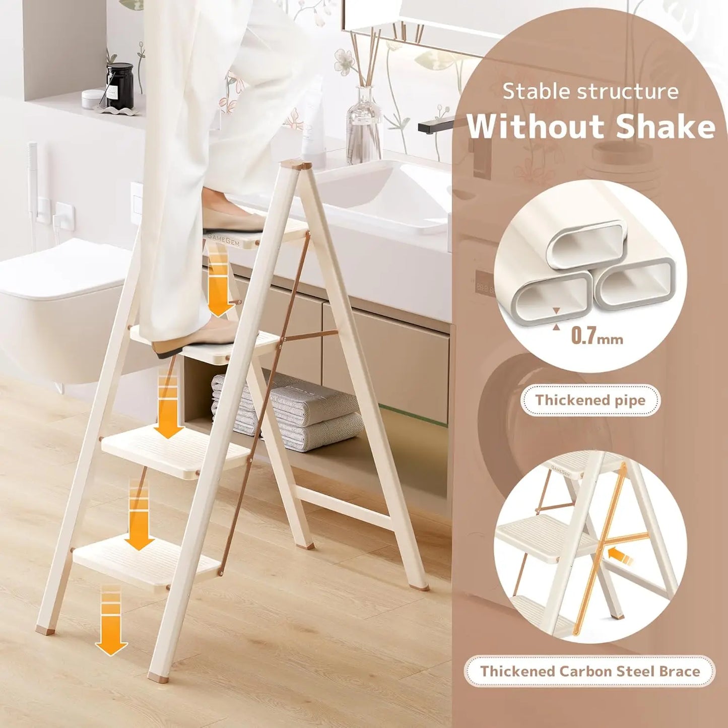 4-Step Folding Step Stool, 330LBS Capacity, Lightweight & Portable for Home Kitchen, Cream Chocolate