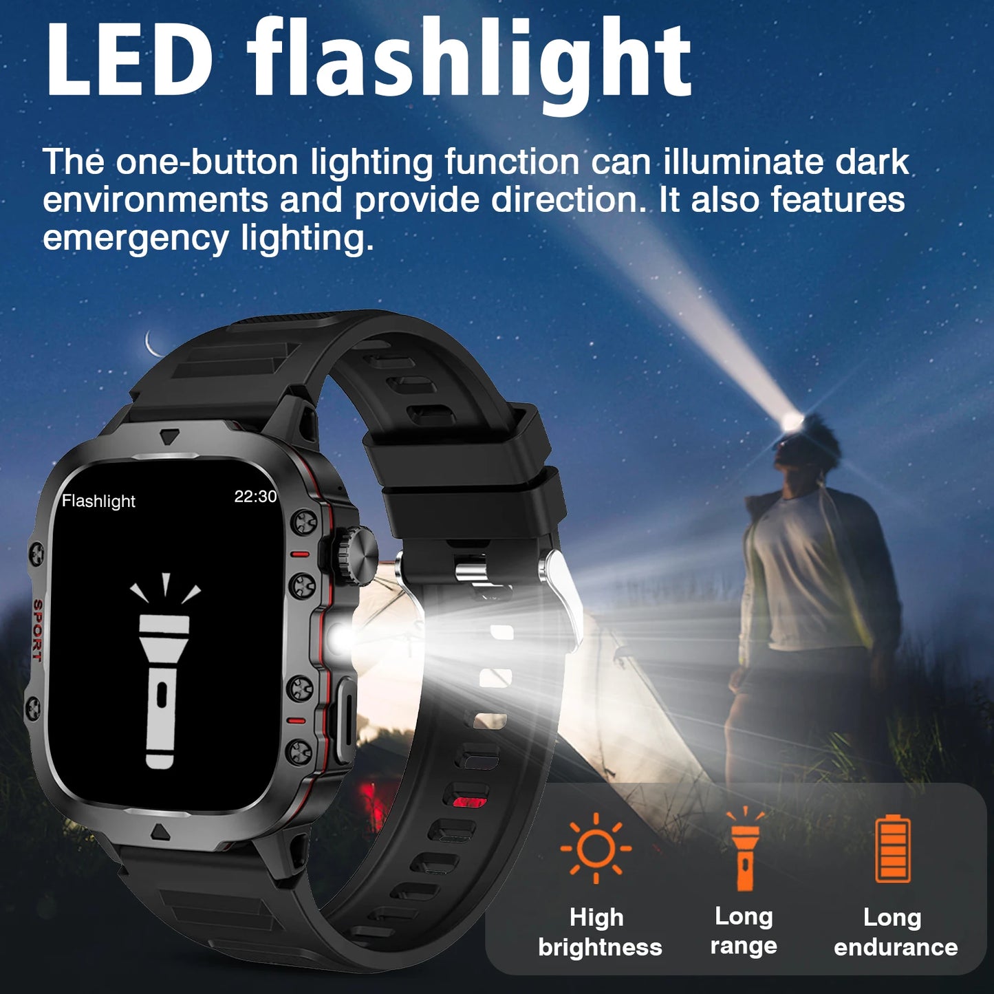 Outdoor Men'S Smart Watch, HD Full Touch Screen Display Wireless Call/Answer Phone Watch,LED Lighting,Multiple Sports Modes ,Outdoor Information Reminder ,Weather Display ,Music Control, Suitable for Iphone & Android,Perfect