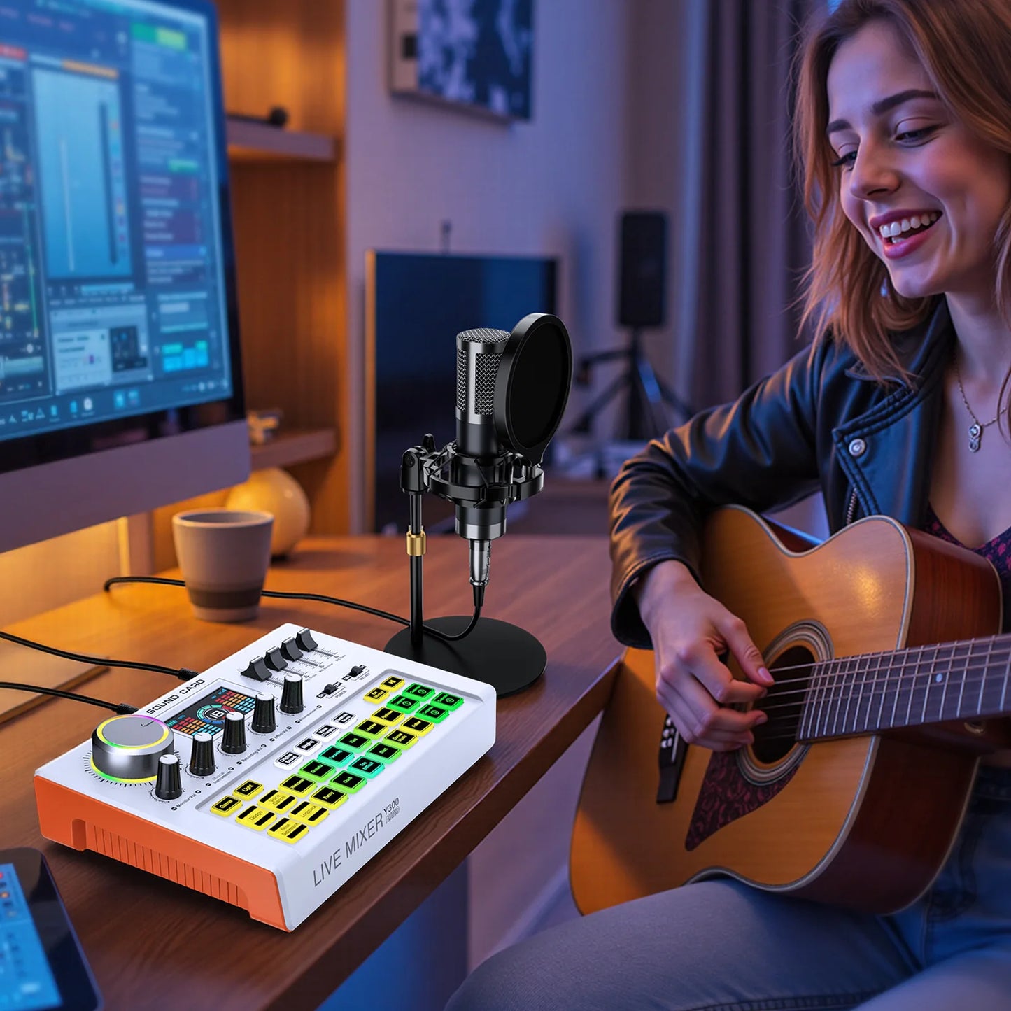 Tenlamp Professional Live Sound Card Audio Mixer Full Set , Podcast Equipment Bundle Kit for 4 People Sound Board Bluetooth  with 3.5mm Condenser Microphone(Y300-P15B) for Pc/Phone For Gaming,Streaming,Singing