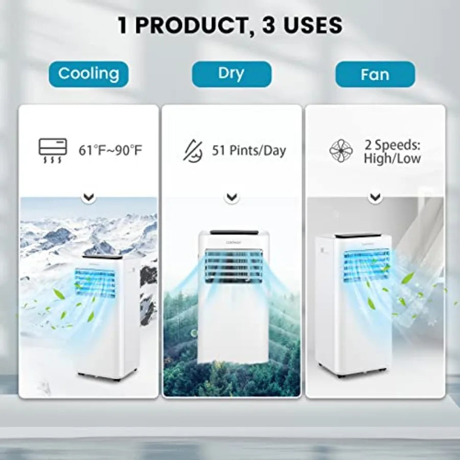 Portable air conditioner for bedroom office dorm use, ABS plastic housing, white color, 10000 BTU cooling with 3-in-1 function,