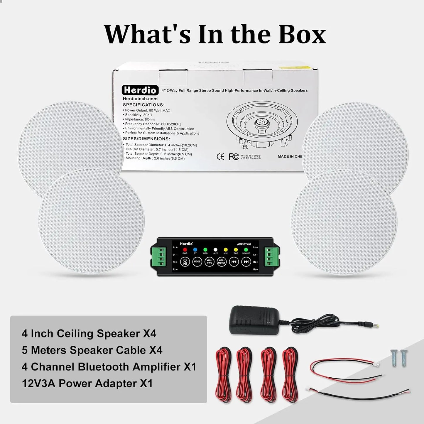 Herdio 4 " 320 Watts 2-Way Bluetooth Ceiling Speakers For Home Theater System Living Room Flush Mount Subwoofer 4 Speaker