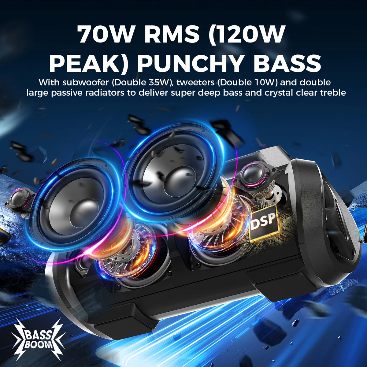W-KING 70W RMS Bluetooth Portable Speaker, Wireless, IPX6 Waterproof Bluetooth Speakers with Subwoofer/Bass Boost