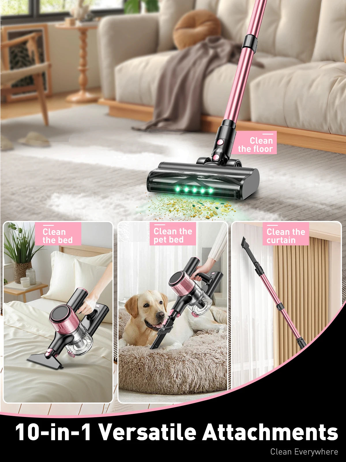 Cordless Vacuum Cleaner, 10 in 1 Powerful Stick Vacuum Cleaner for Home Pet Hair/Hard Floor/Carpet