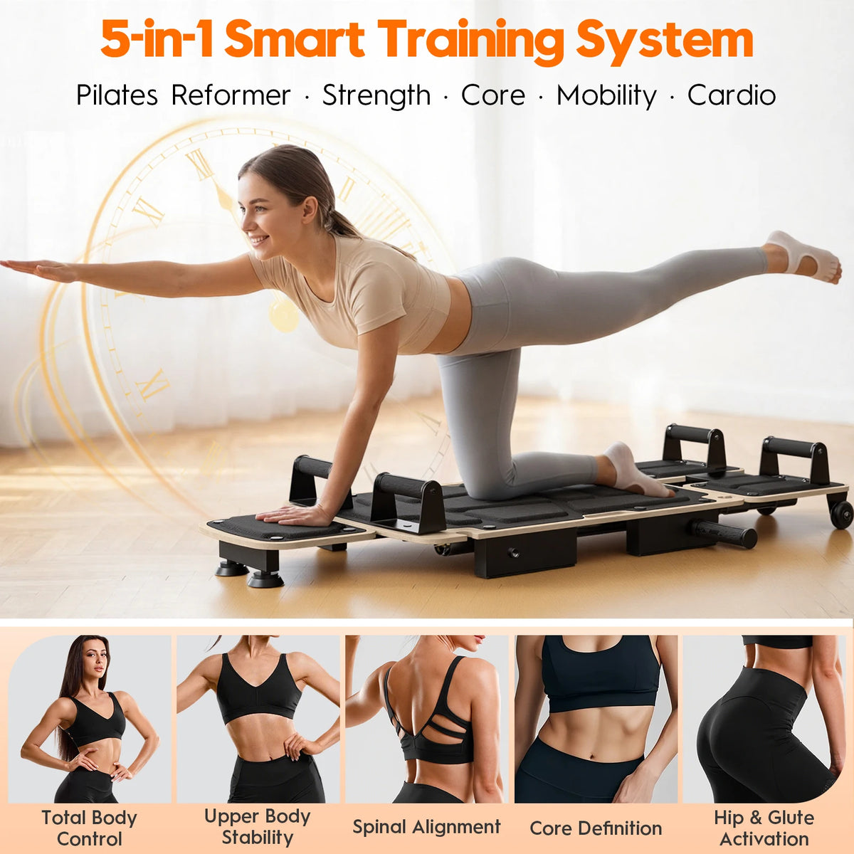 Pilates Reformer Board with Dual Foot Pads and Adjustable Headrest