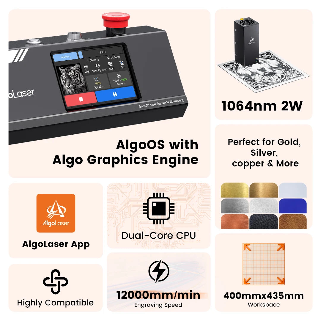 AlgoLaser DIY KIT MK2 10W Diode & 2W IR Dual Laser Engraver, Built-in 3.5" Touch Screen, 12000mm/m,  Metal Engraver On-Site & Small-Batch Ready Metal Laser Engraver