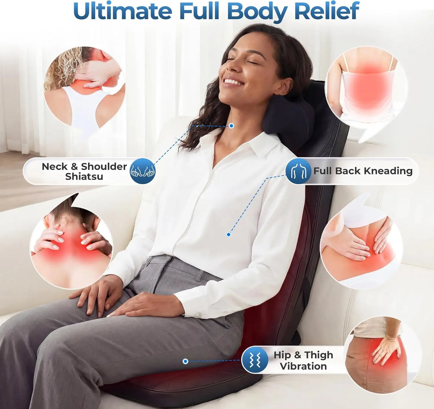 3-in-1 Shiatsu Neck and Back Massage Cushion with Heat - 4D Kneading and Vibration for Muscle Relief, Adjustable Intensity and Height for Office Chair and Home Use, Full Body Massage Pad for Recliner and Sofa, Massage Chair P