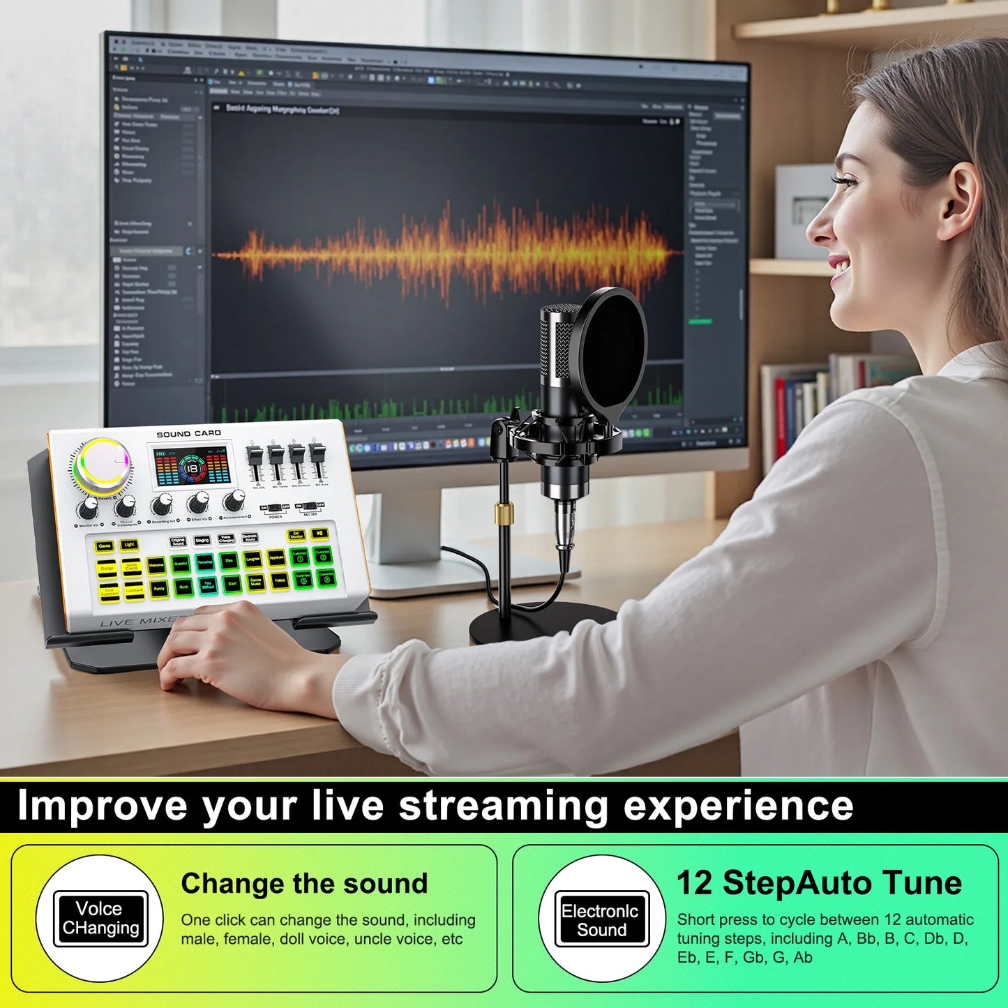 Tenlamp Professional Live Sound Card Audio Mixer Full Set , Podcast Equipment Bundle Kit for 4 People Sound Board Bluetooth  with 3.5mm Condenser Microphone(Y300-P15B) for Pc/Phone For Gaming,Streaming,Singing