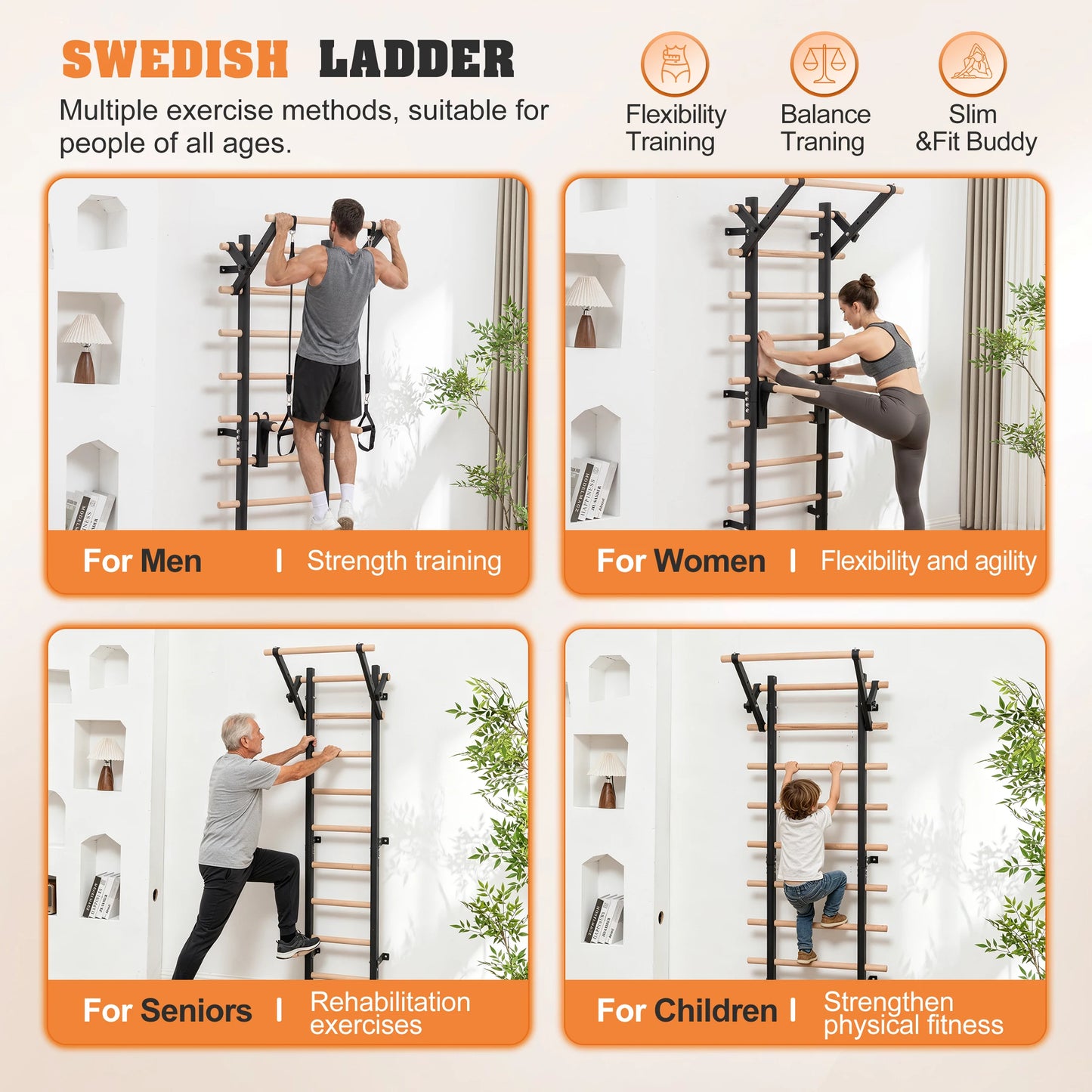 Home Gym Stall Bars Swedish Ladder, Wall Mounted Steel Frame Gym Wall Bars with Pull-Up Station & Dip Bars, Training Ladder for Stretching, Calisthenics and Physical Therapy