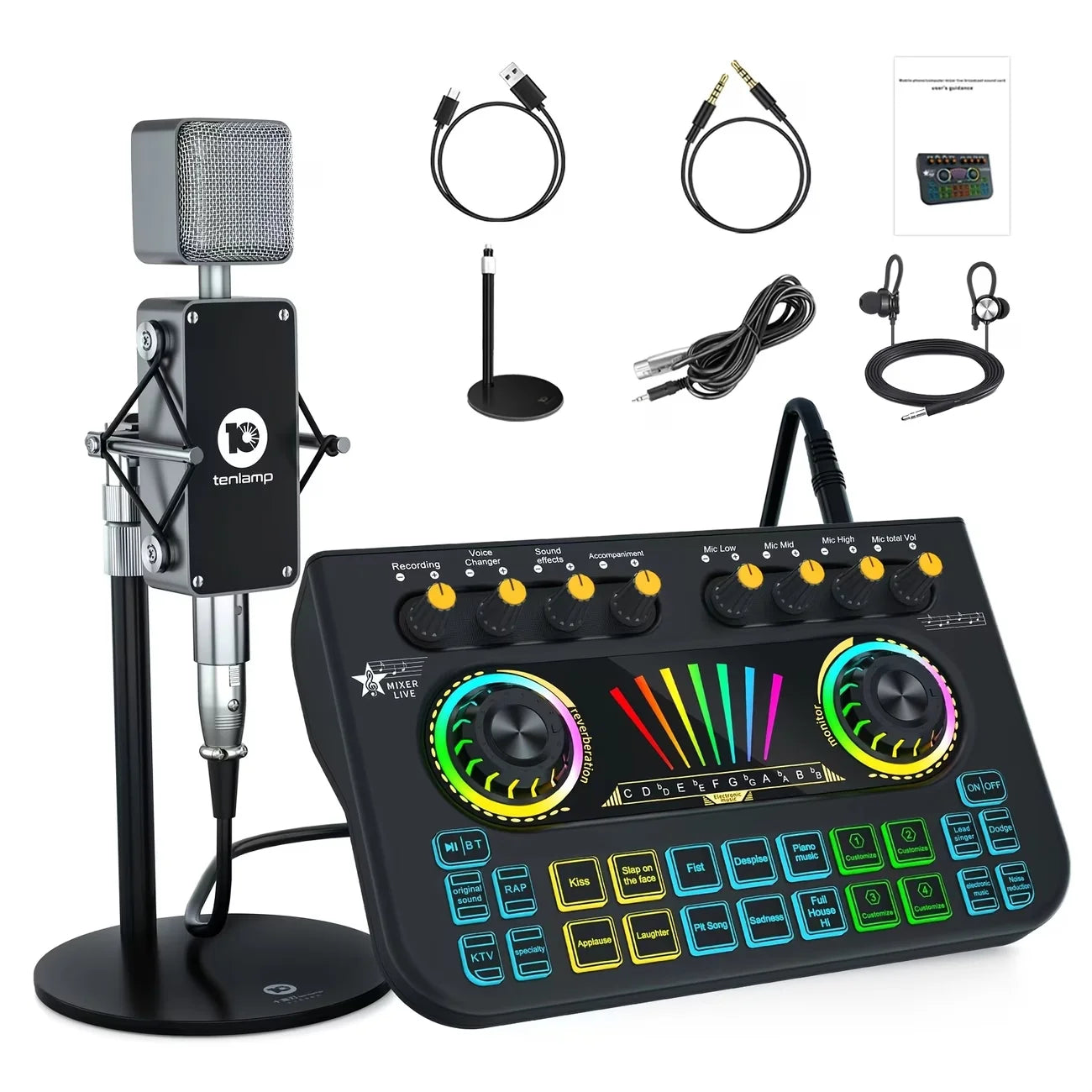 Tenlamp Mic Mixer Set Podcast Influencer KOL Singing Gaming DJ Mixing Station Controller Equipment Studio Recording Electronic Music Mixer Power Karaoke Machine Available Dynamic Condenser Wireless Microphone Portable Microfo