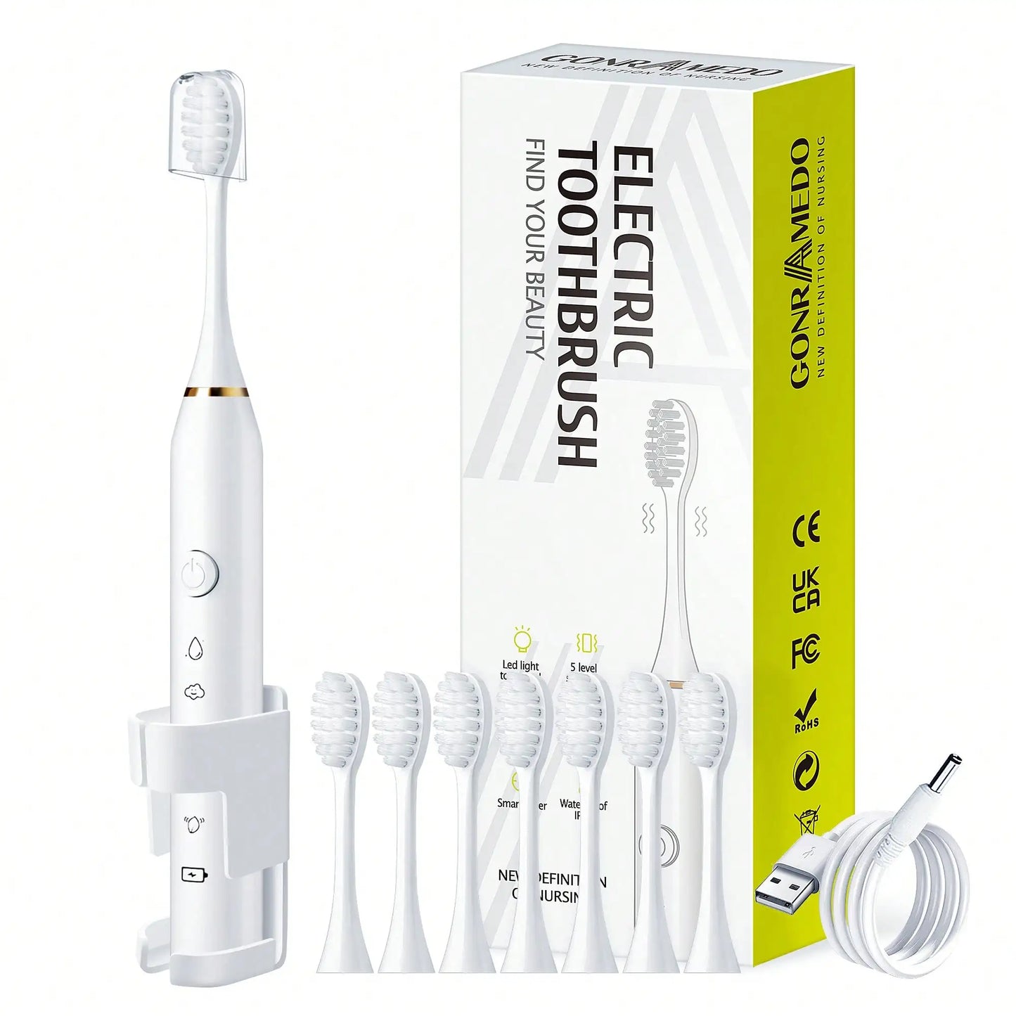 1PC Electric Toothbrush With 8 Replaceable Toothbrush Heads, A Wall-Mounted Bracket And A Dust Cover, USB Charging, 5-Speed Intelligent Cleaning Mode, Toothbrush Body, 7-Level Waterproof, Personal Oral Care Equipment Power To