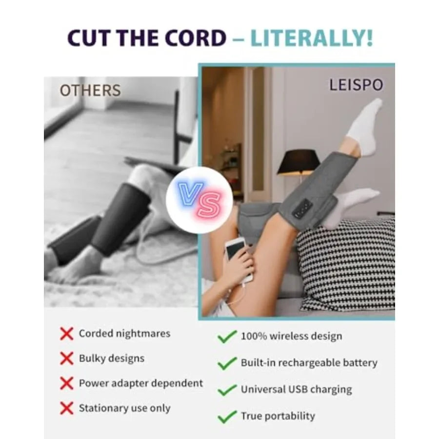 Wireless Leg Massager Air Compression Cordless Calf Massager with Heat for Circulation Pain Relief and Recovery 4 Modes 3 Inten