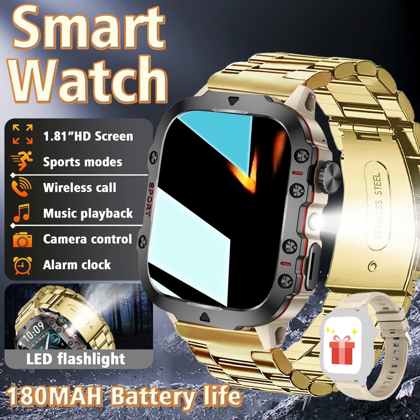 Outdoor Men'S Smart Watch, HD Full Touch Screen Display Wireless Call/Answer Phone Watch,LED Lighting,Multiple Sports Modes ,Outdoor Information Reminder ,Weather Display ,Music Control, Suitable for Iphone & Android,Perfect
