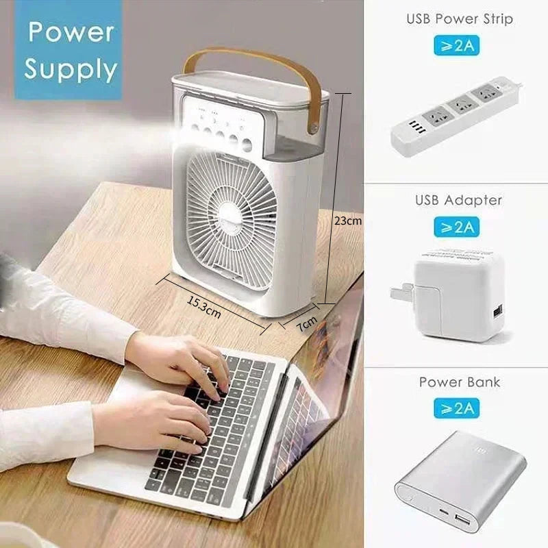 New 3 In 1 Fan AIr Conditioner, Mini Air Cooler, LED Night Light, and Portable Humidifier