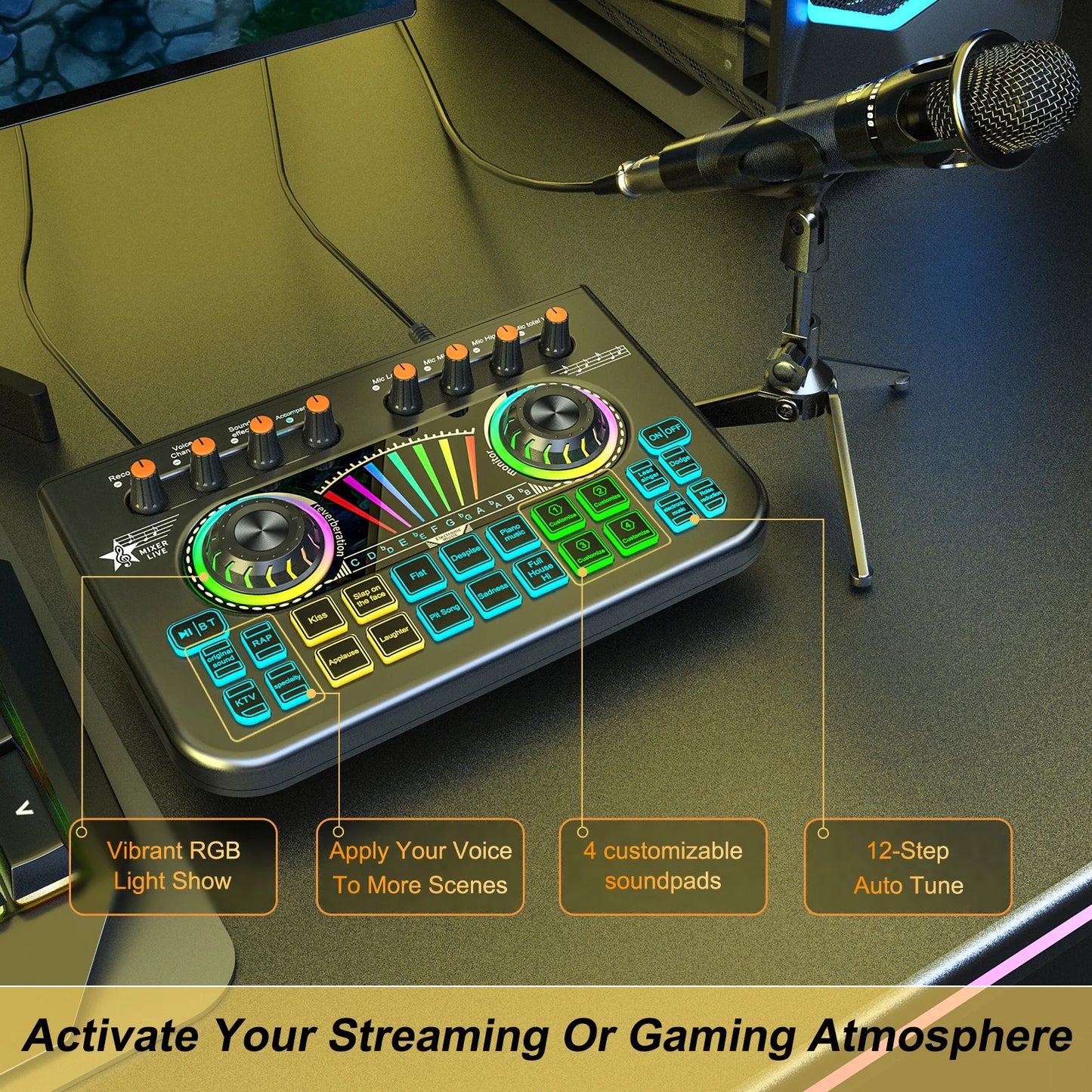Tenlamp Sound Board for Pc/Phone Live Streaming Singing Gaming Voice Changer,Podcast Microphone Bundle with Live Sound Card Audio Mixer,Studio Professional Recording, Electronic Music Mixer Power Conditioner Karaoke Machine