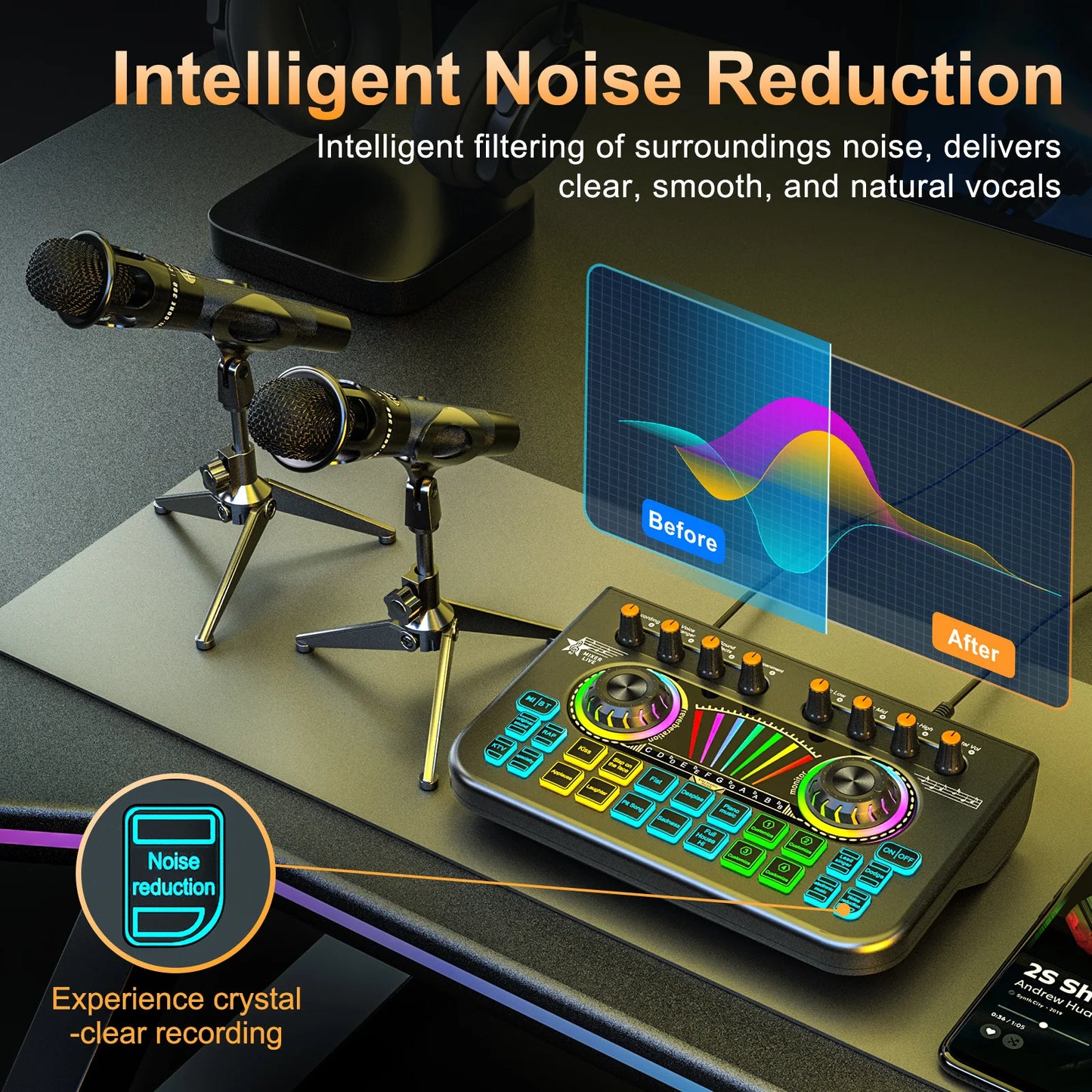 Tenlamp Sound Board for Pc/Phone Live Streaming Singing Gaming Voice Changer,Podcast Microphone Bundle with Live Sound Card Audio Mixer,Studio Professional Recording, Electronic Music Mixer Power Conditioner Karaoke Machine