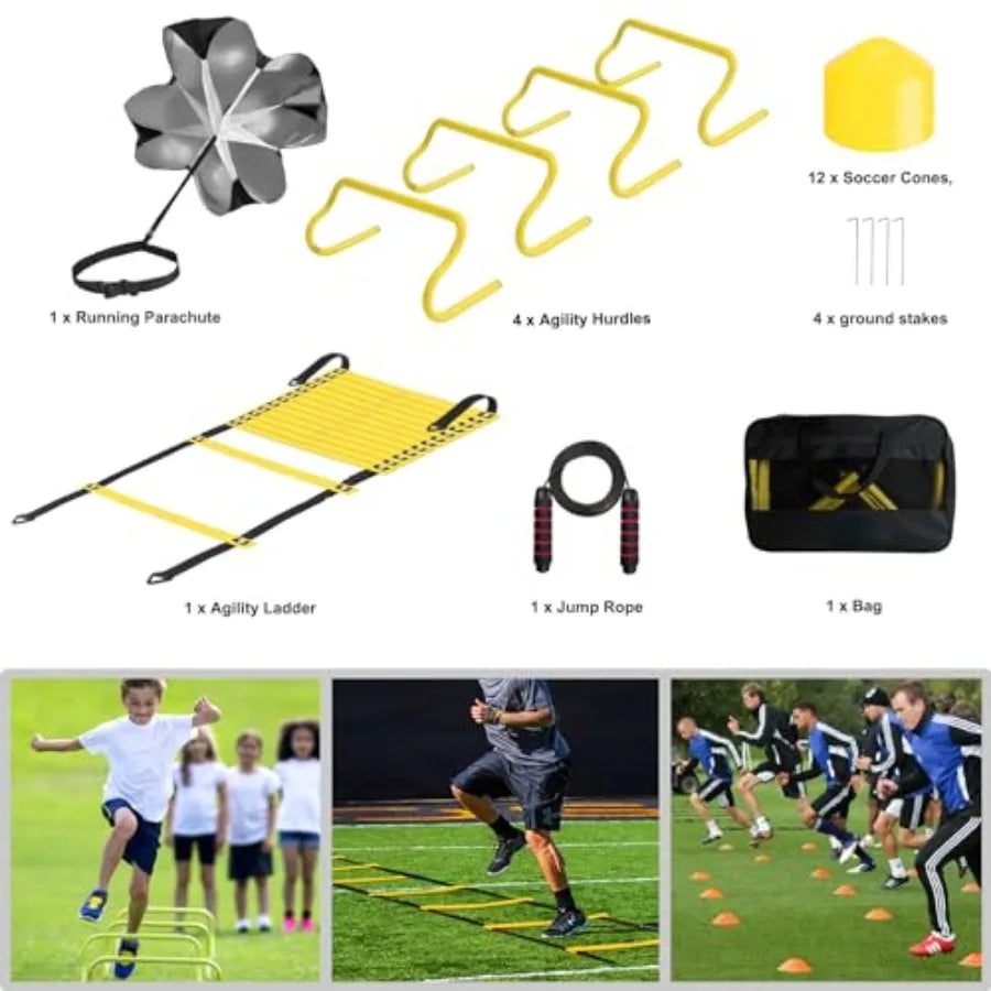 Agility Training Kit With Ladder Hurdles Cones Jump Rope Parachute