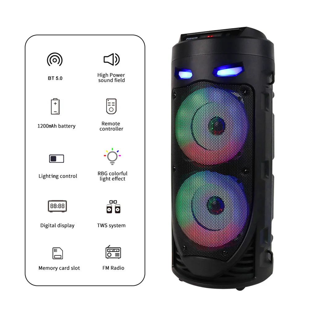 Portable Bluetooth Speaker With Dual Subwoofers And Lights