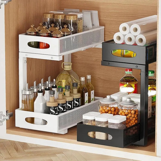2 Tier Adjustable Height Under Sink Organizer with Sliding Drawer Pull Out Under Cabinet Kitchen Bathroom Organizer and Storage