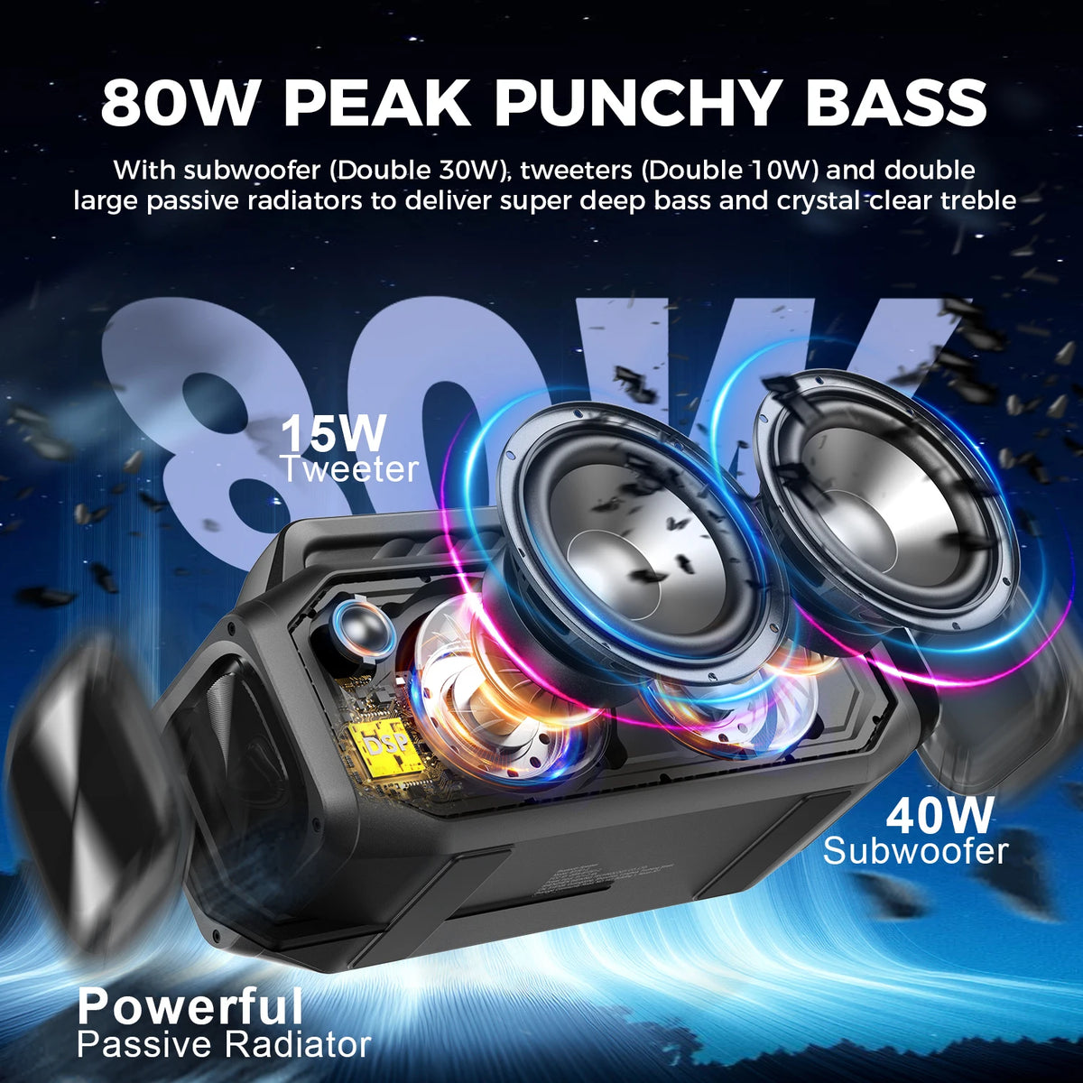 W-KING BT261-2 80W Speakers Bluetooth Wireless, Portable Outdoor Speakers Loud with Bass Boost, IPX6 Waterproof