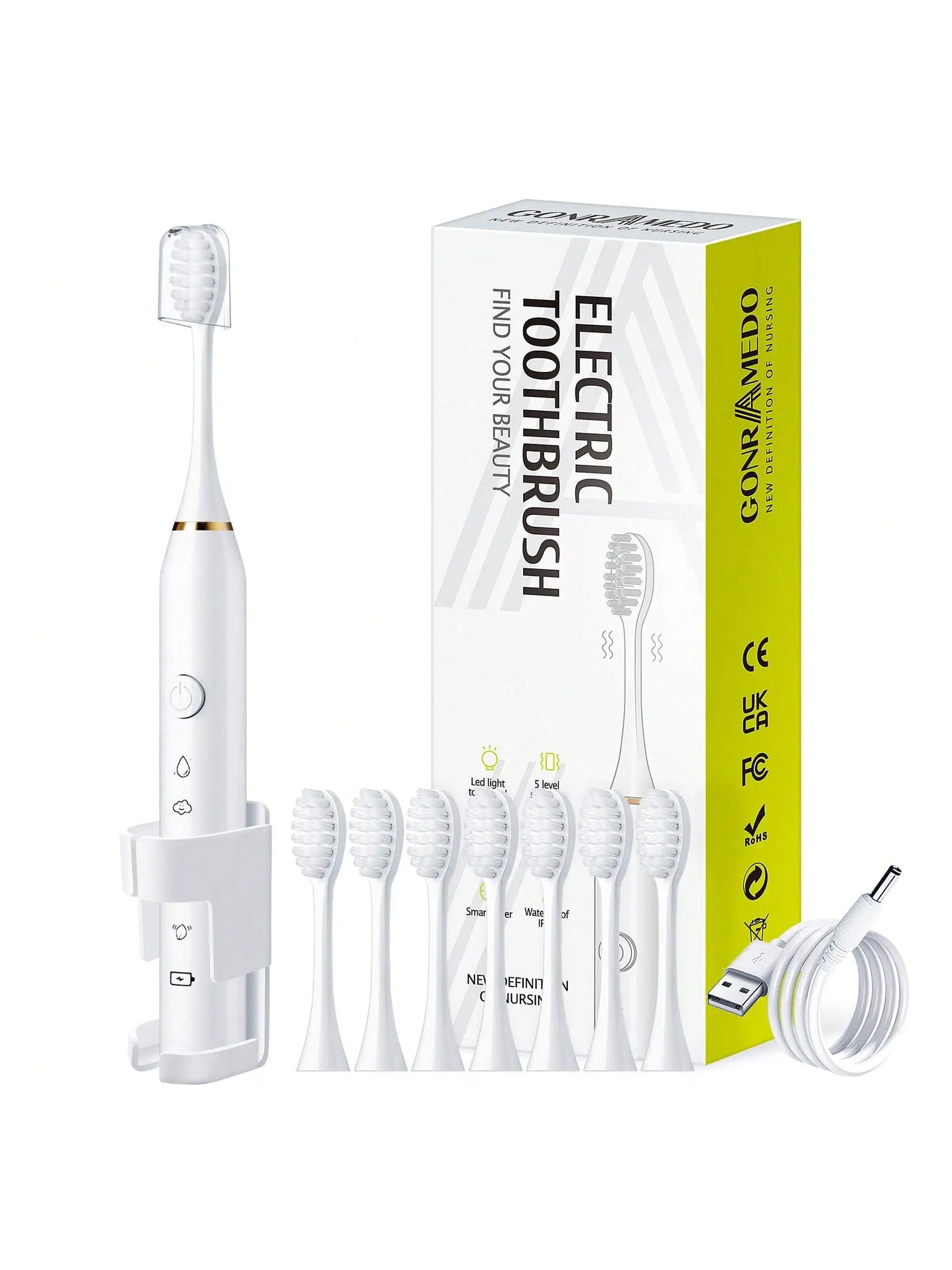 1PC Electric Toothbrush With 8 Replaceable Toothbrush Heads, A Wall-Mounted Bracket And A Dust Cover, USB Charging, 5-Speed Intelligent Cleaning Mode, Toothbrush Body, 7-Level Waterproof, Personal Oral Care Equipment Power To