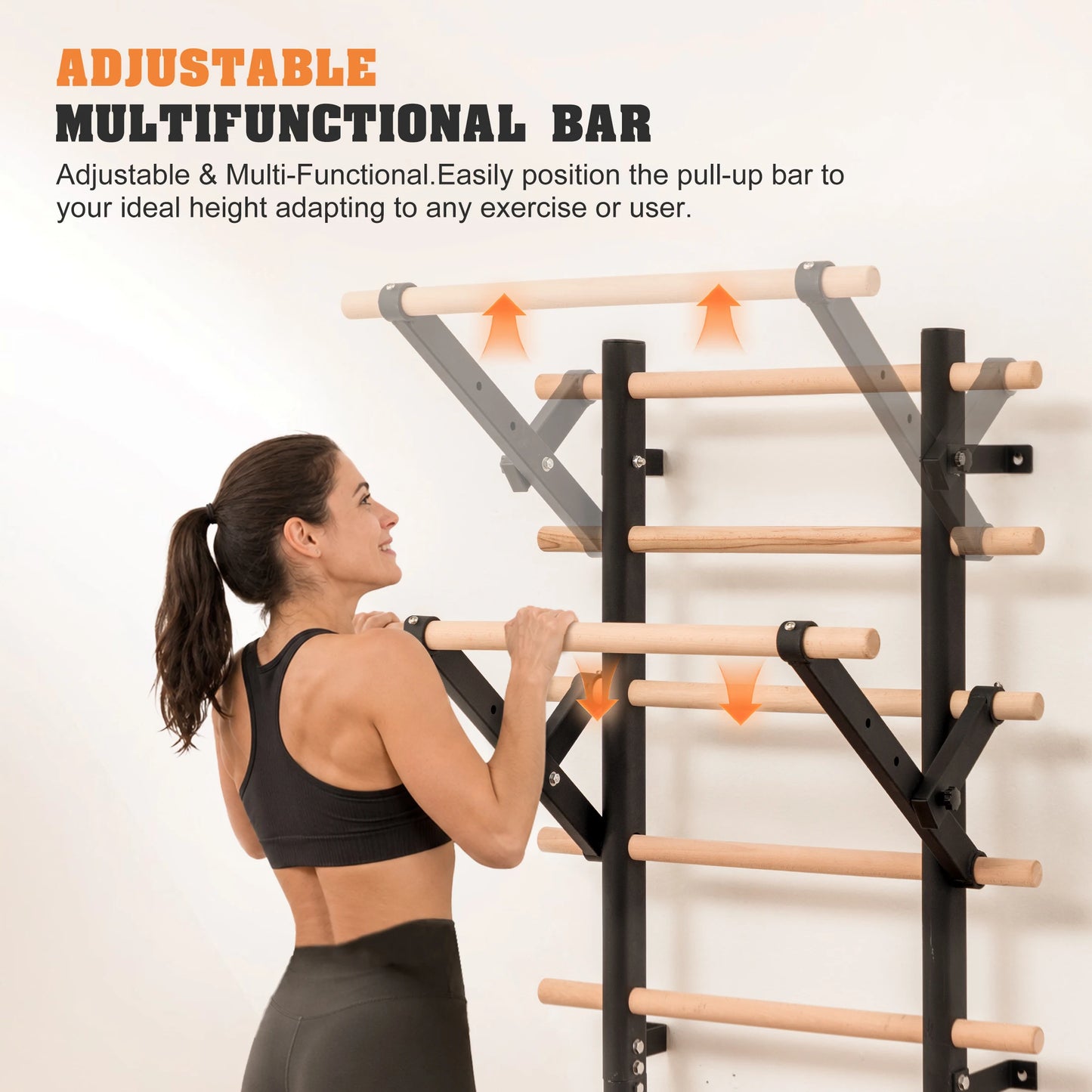 Home Gym Stall Bars Swedish Ladder, Wall Mounted Steel Frame Gym Wall Bars with Pull-Up Station & Dip Bars, Training Ladder for Stretching, Calisthenics and Physical Therapy