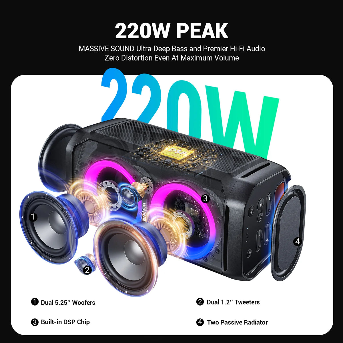 W-KING T11 100W RMS Bluetooth Speakers, IPX6 Waterproof, BT 5.3 Portable Party Boombox Wireless Deep Bass