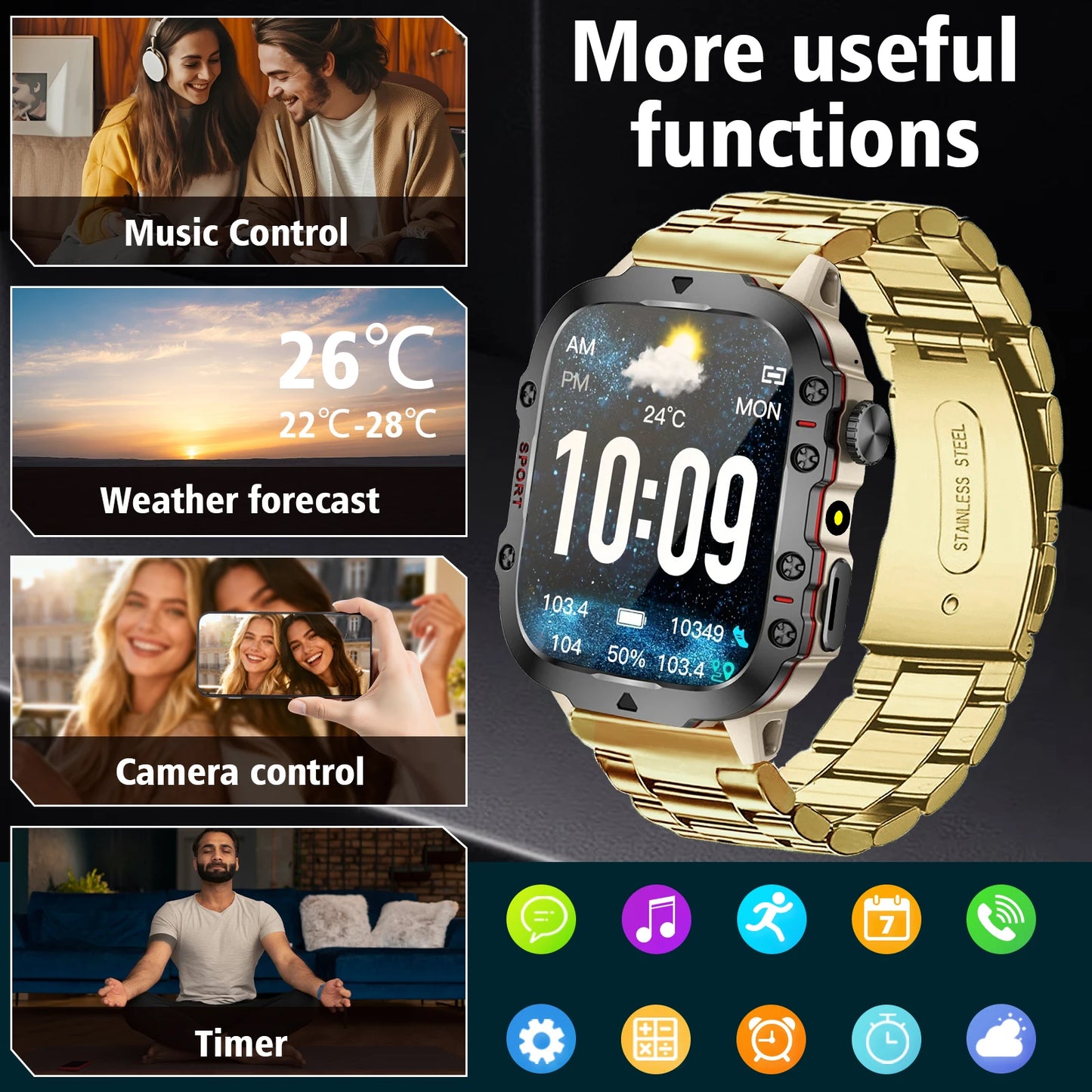 Outdoor Men'S Smart Watch, HD Full Touch Screen Display Wireless Call/Answer Phone Watch,LED Lighting,Multiple Sports Modes ,Outdoor Information Reminder ,Weather Display ,Music Control, Suitable for Iphone & Android,Perfect