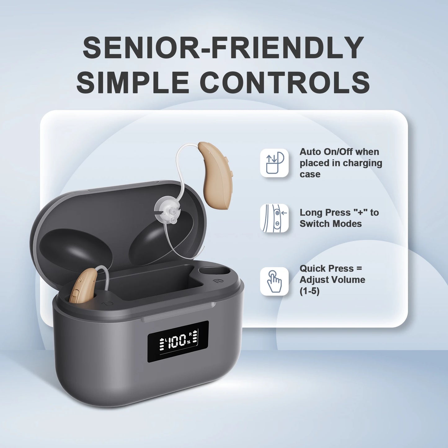 JINGHAO 1 Pair Hearing Aid Rechargable LED Display Sound Amplifier Auto On/off 20H Working Time With Charger Box